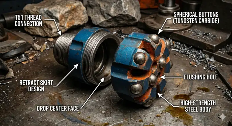T51 Thread Retrac Button Bit Structure Diagram