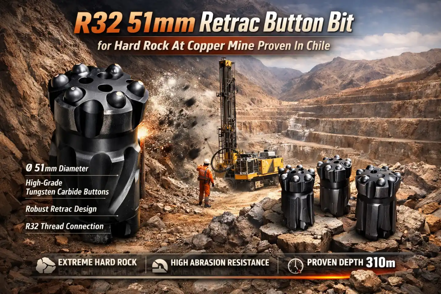 R32 51mm Retrac Button Bit for Hard Rock