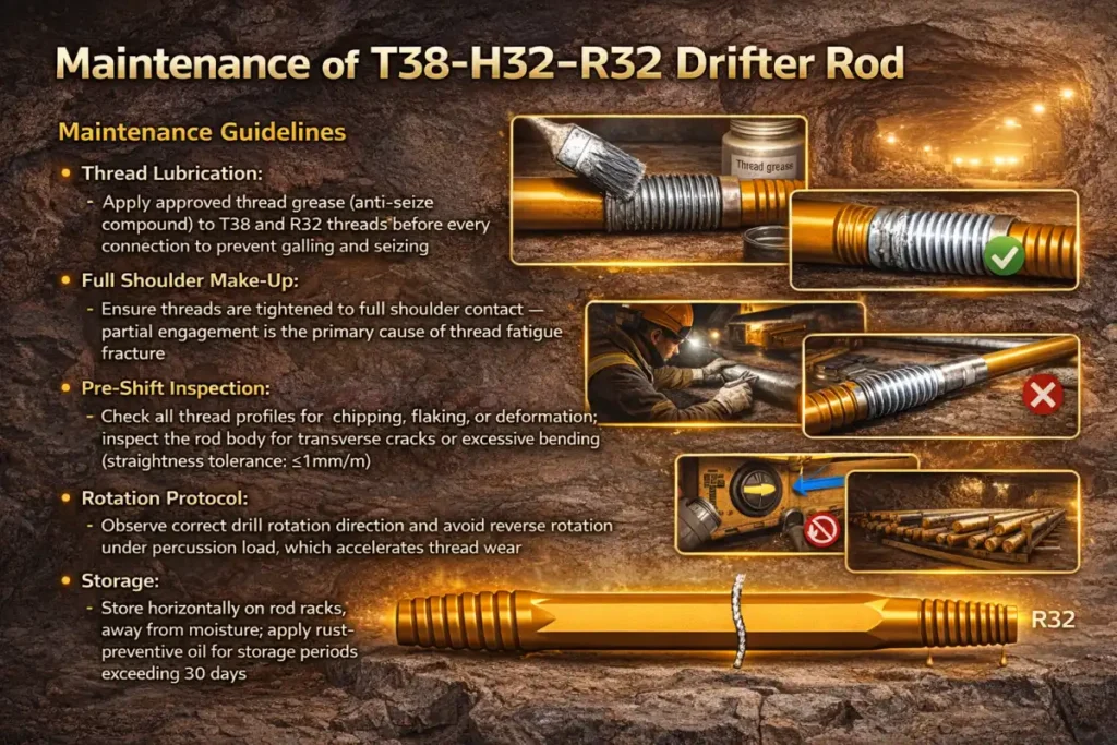 Maintenance of T38-H32-R32 Drifter Rod