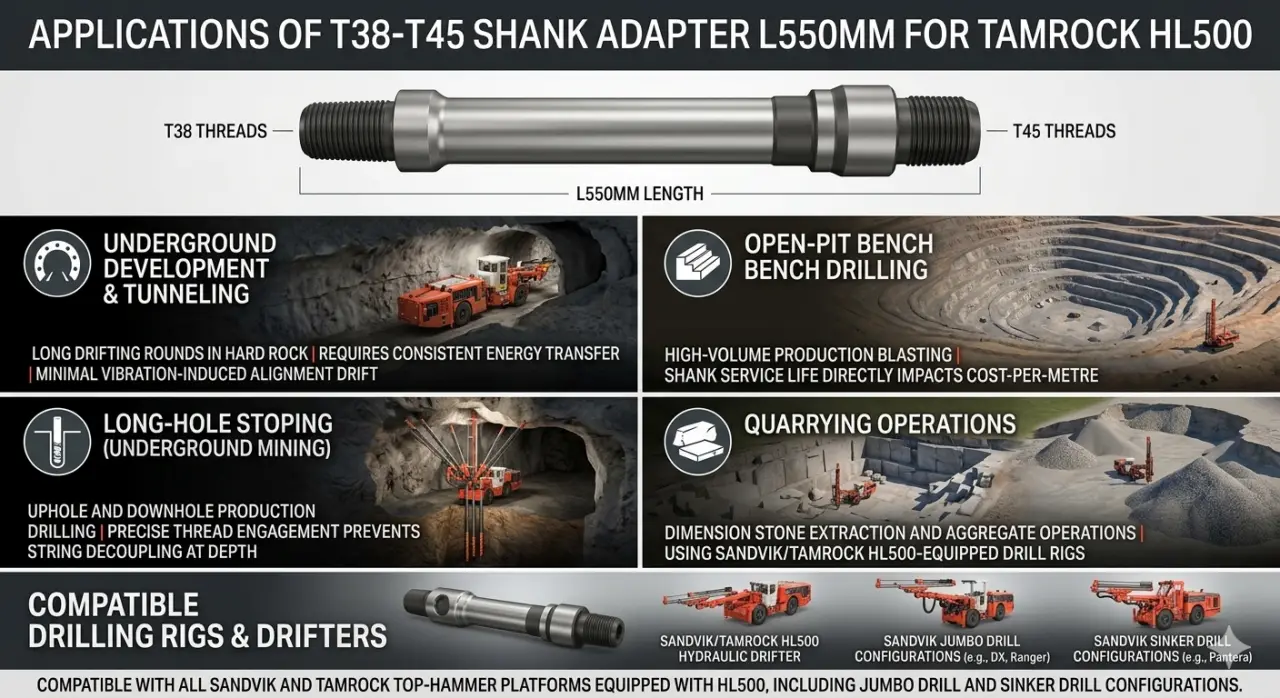 Applications of T38-T45 Shank Adapter L550mm For Tamrock HL500