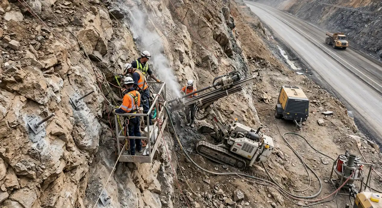Rock Slope Stabilization Drilling Under Pressure