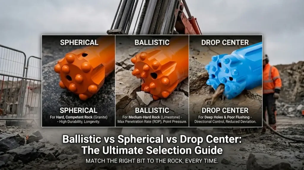 Ballistic vs Spherical vs Drop Center Button Bits Complete Selection Guide by Rock Type